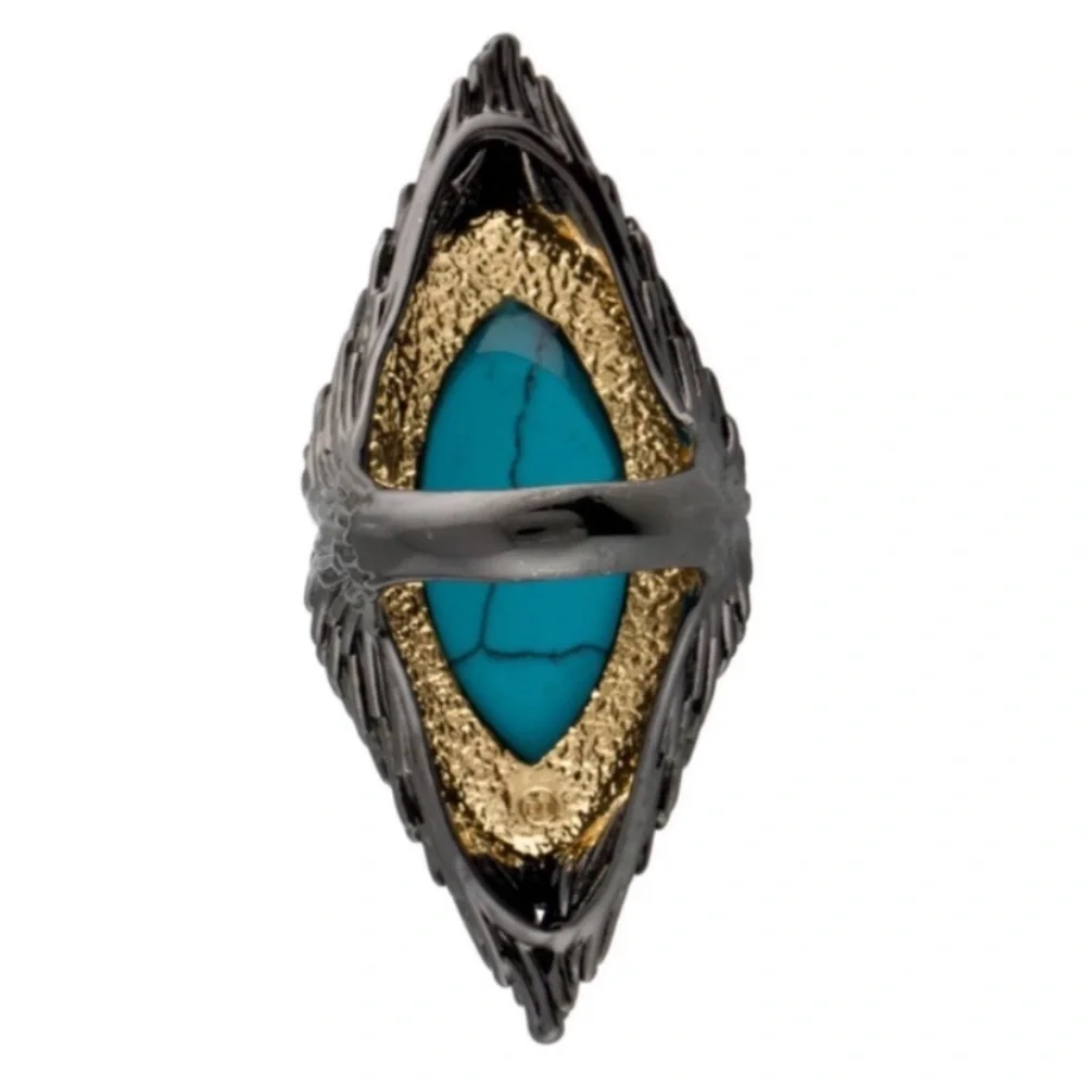 ALEXIS BITTAR Black Gunmetal Gold Doublet Turquoise Stone Maldivian Feather Ring